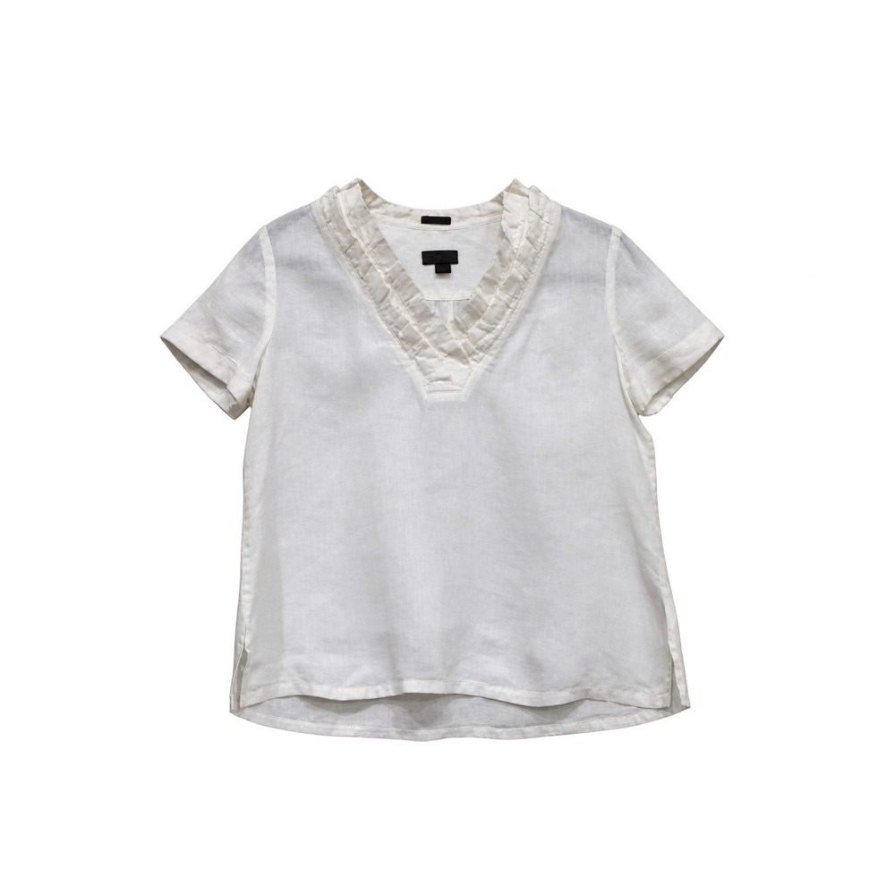 Talbots Pure Irish Linen Blouse White Ruffle V-Neck Short Sleeve Top Sz SP